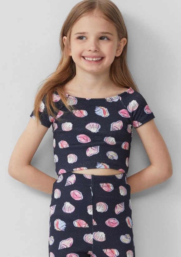 s.Oliver Verkürztes T-Shirt aus Rippware mit Off-Shoulder-Ausschnitt - tiefblau