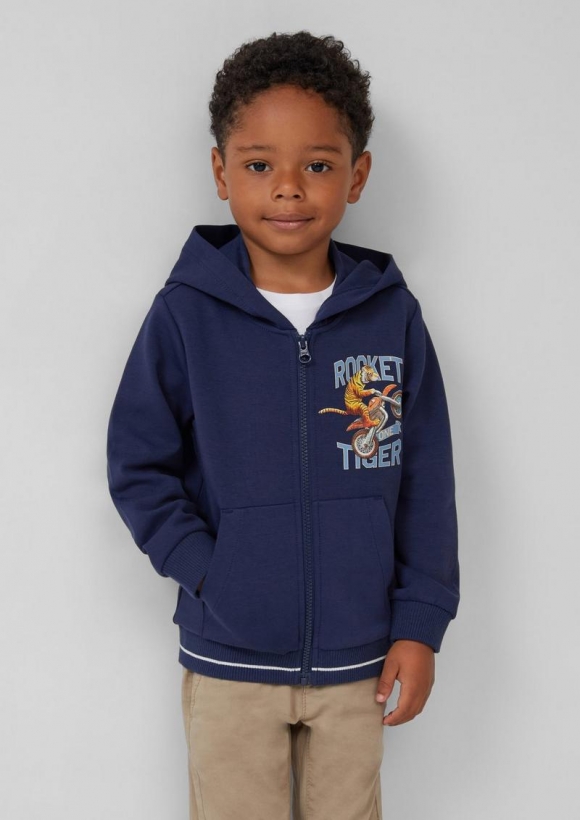 s.Oliver Sweatjacke aus Interlockjersey mit Frontprint und Kontrastdetails - tiefblau