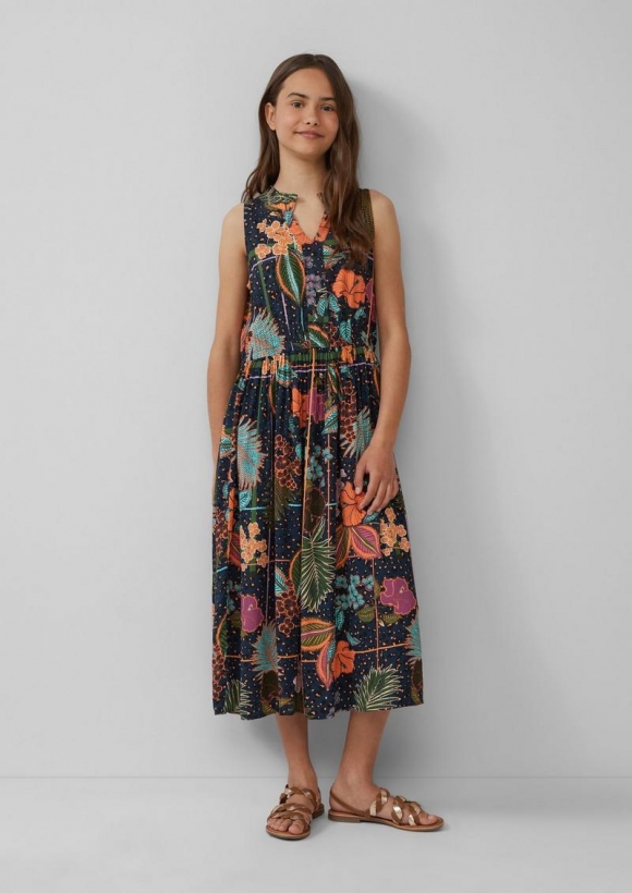 s.Oliver Midikleid aus satinierter Viskose mit Rüschenkragen - navy