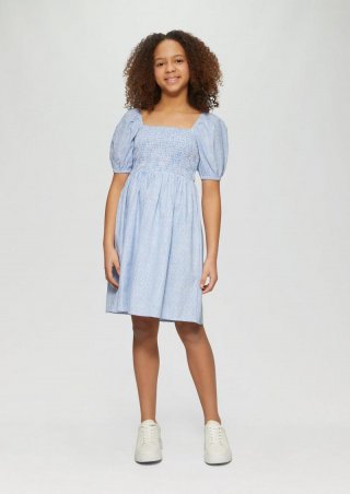s.Oliver Kurzes Baumwollkleid mit Smok-Details und Puffärmeln - blau
