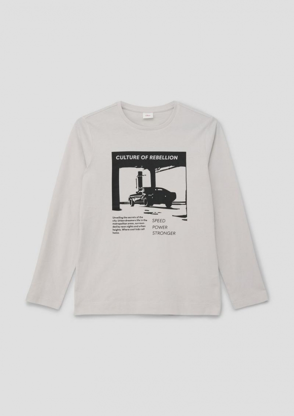 s.Oliver Baumwoll-Langarmshirt mit Frontprint - hellgrau
