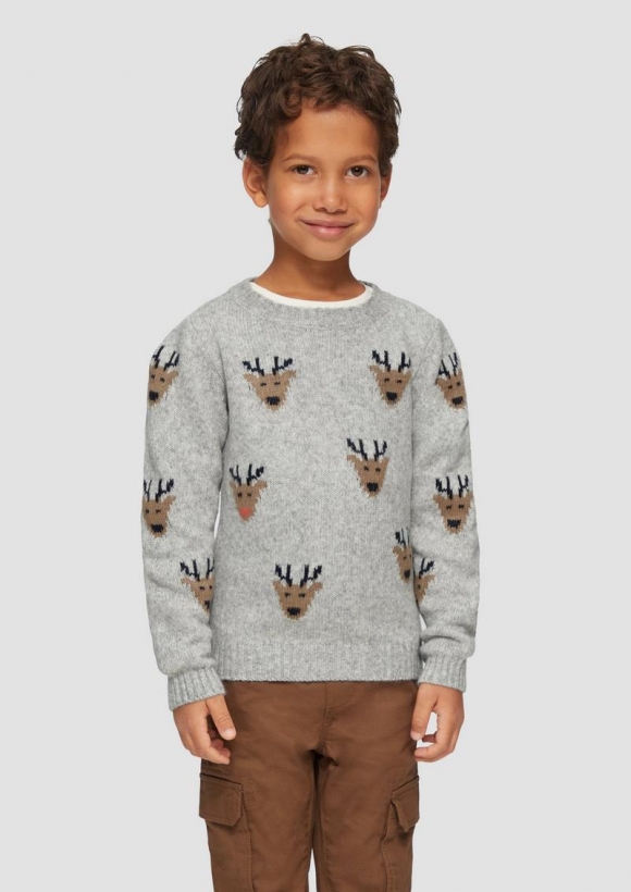 s.Oliver Weihnachtspullover mit Rentier-Motiv - grau meliert