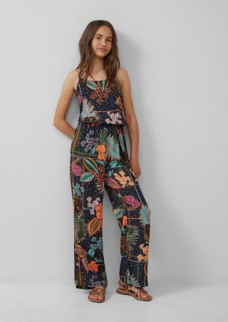 s.Oliver Gemusterter Jumpsuit aus satinierter Viskose mit Bindegürtel - navy