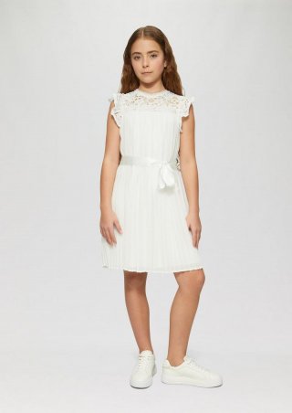 s.Oliver Kurzes Plissée-Kleid aus Chiffon mit Spitzenbesatz - creme