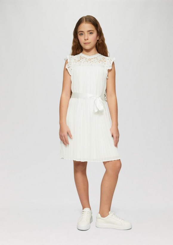 s.Oliver Kurzes Plissée-Kleid aus Chiffon mit Spitzenbesatz - creme