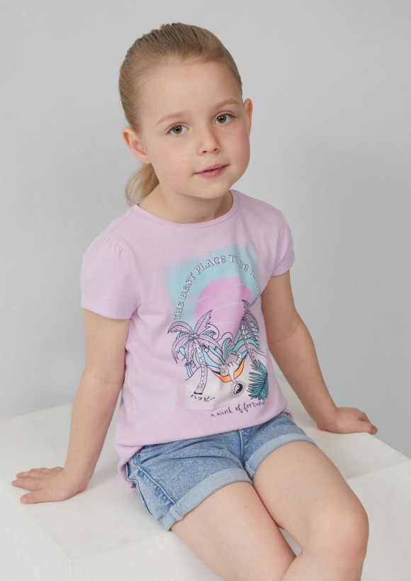 s.Oliver Ausgestelltes T-Shirt mit Glitzerprint und Puffärmeln - flieder