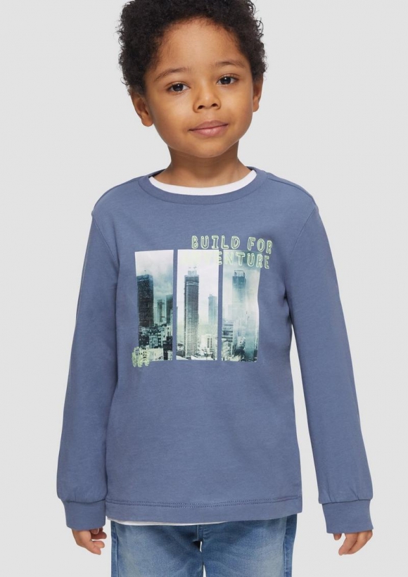 s.Oliver Weiches Jersey-Longsleeve mit Fotoprint und Rippbündchen - blassblau