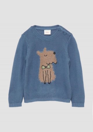 s.Oliver Strickpullover mit flauschigem Hundemotiv - blau