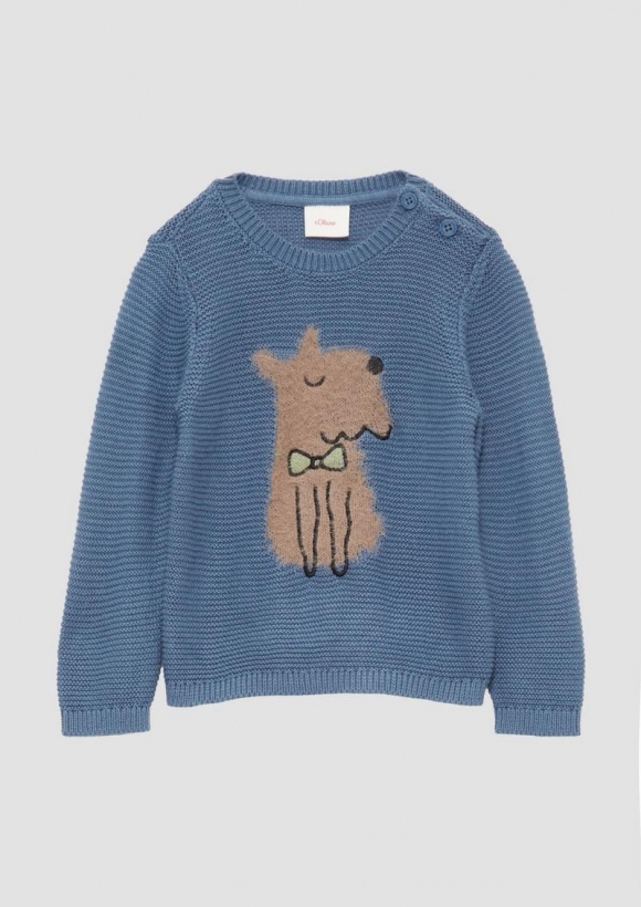 s.Oliver Strickpullover mit flauschigem Hundemotiv - blau