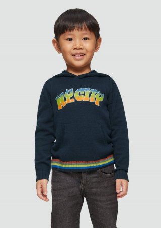 s.Oliver Strickpullover mit Kapuze und Frontprint - navy