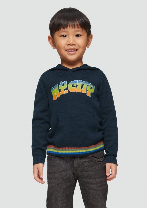 s.Oliver Strickpullover mit Kapuze und Frontprint - navy