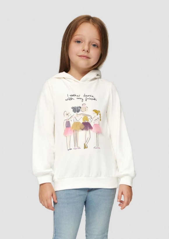 s.Oliver Kapuzensweater mit Print und Chiffon-Applikation - creme