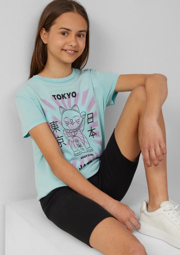 s.Oliver T-Shirt im Loose Fit mit Frontprint und Garment Dye - helles türkis